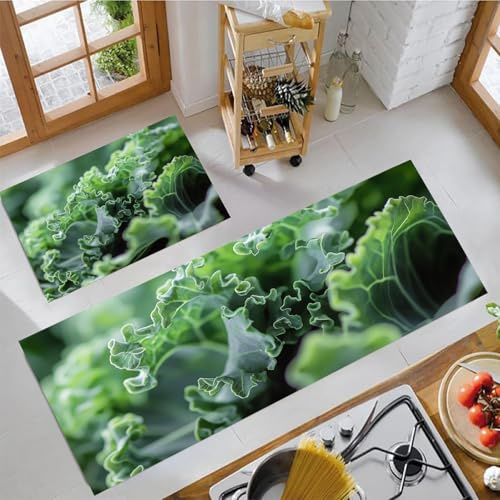 JEDTAKCT 2 Piezas Antideslizante Cocina Absorbente Lavable Col Rizada 3D Alfombra De Pie De Cocina Verduras Frescas para Comedor Dormitorio Portal Salón 50X80+50X150Cm, Verde Oscuro