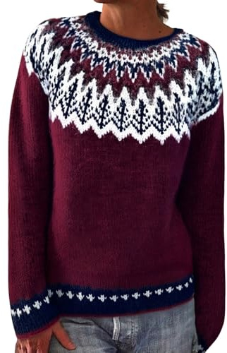 YCBMINGCAN Jersey de punto para mujer en estilo noruego, suéter de invierno de chenilla de punto grueso, parte superior de manga larga con estampado jacquard, cuello redondo informal