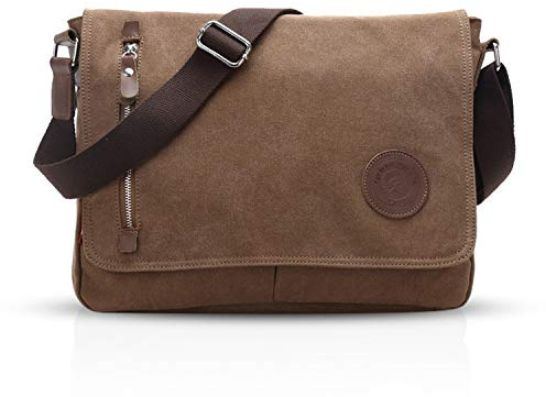 FANDARE Bolso de Bandolera Lona Bolsa Mensajero Bolso de Hombro Bolsos Cruzados para 14 Pulgadas Portátil Mujeres Hombre Shoulder Crossbody Bag para Conmutar Trabajo Viaje Escuela Profesor Marrón