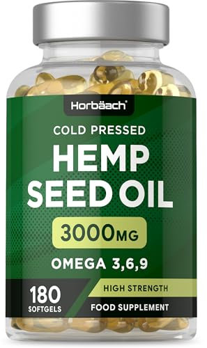 Hemp Seed Oil Capsules High Strength | 180 Softgels | 3000mg | Cold Pressed Supplement with Omega 3 6 and 9 | by Horbaach