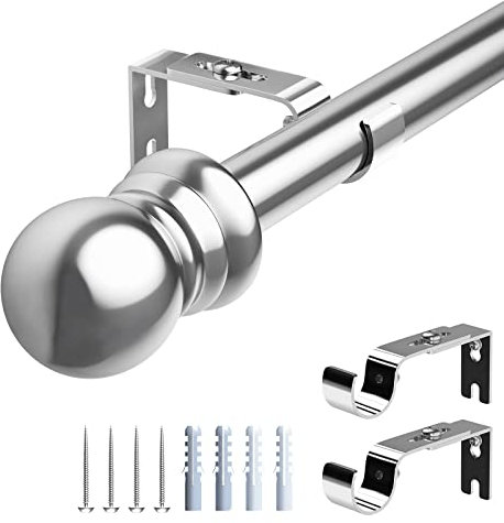Curtain Pole for Windows, 76-369cm, 2.5cm Thickness Adjustable Single Curtain Rod with Round Finial Heavy Duty Decorative Windows Drapery Rods for Living Room, Bathroom, Bedroom, Silver