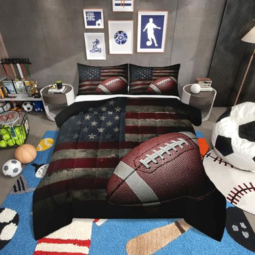 Erosebridal American Flag Bedding Set, Boys Football Comforter Set Twin Soccer Sports Games Down Comforter United States Federations Stars Stripes Duvet Sets for Kids Teens Adult Bedroom Decor