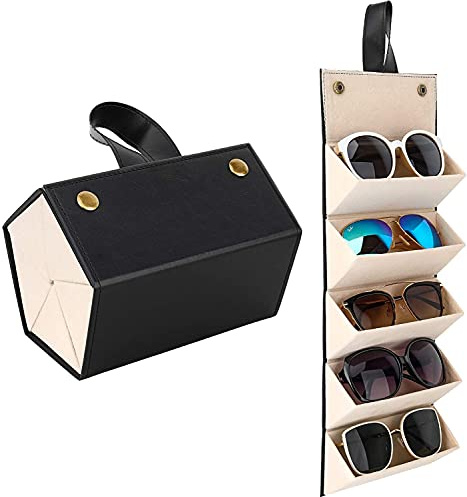 Sxspace Brillenbox zur Aufbewahrung von 5 Brillen Sonnenbrillen Präsentation Showcase (5 Fächern Schwarz-Beige)