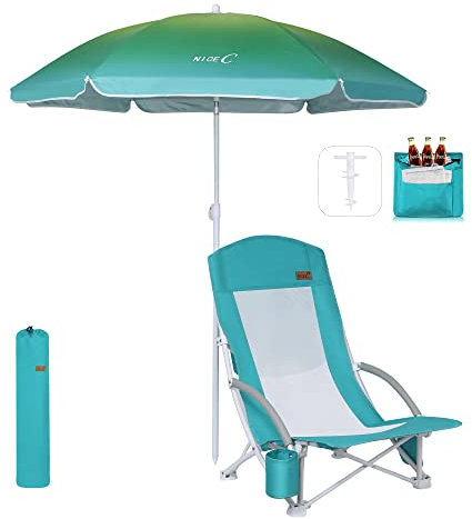 Nice C Beach Chair, Camping chair, Beach Chairs for Adults, with UPF 50 Umbrella and Cooler Bag, High Back, Cup Holder,Carry Bag,Heavy Duty, Outdoor(1 pack blue)