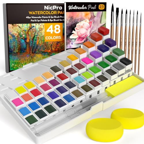 Nicpro Set di 48 colori ad acquerello, colori vivaci con 25 fogli di carta A5, 2 pennelli per acqua, 8 pennelli per pittura e tavolozza, pittura a gouche, con confezione regalo