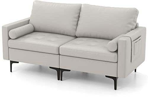 COSTWAY 2 Sitzer Sofa, Schlafsofa 2 sitzer, mit Lehne, gepolsterter Sessel Loungesofa Schlafcouch Metallrahmen, Doppelsofa für Wohnzimmer (Hellgrau)