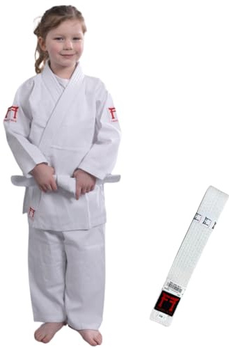FIGHTINGFILMS Kimono judo enfant en toile 185gr coton de qualité supérieur Ceinture blanche offerte Taille 100cm