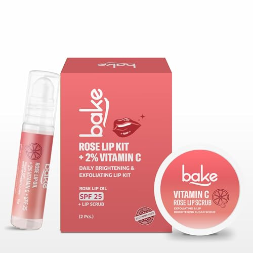 BAKE Vitamin C Rose Tinted Lip Kit | Lip Lightening Scrub For Dark Lips Exfoliation | For Hyperpigmented Lips, Dehydrated Lips, Flaky Lips & Chapped Lips | For Men & Women | 25G (Rose Lip Kit)