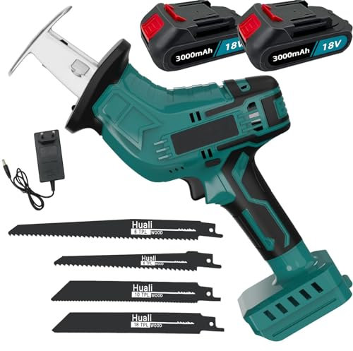 Akku-Säbelsäge, 0-3000SPM Variable Geschwindigkeit,Professional Säbelsäge mit 4 Säbelsägeblatt, kompatibel mit Makita Batterie, für Metall/Holz/PVC-Rohr/Baumschnitt (2x3000mAh)