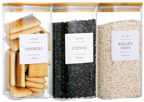 CZZGSM 3 Pack Square Glass Kitchen Storage Jars with Airtight Bamboo Lids and 132 Pantry Labels - 54oz Glass Canisters with Wood Lids - Food Storage for Sugar, Rice, Pasta, Cereal