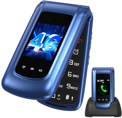 uleway 4G Téléphone Portable Senior Débloqué, Téléphone Portable à Clapet avec Grandes Touches, Double SIM, Double Écran 2,4/1,77, Bouton SOS, Station de Charge-Bleu