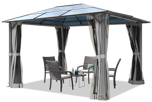 TOOLPORT Gartenpavillon 3x3,65 m Polycarbonat Dach ca. 6 mm - Hardtop Pavillon mit 4 Seitenteilen und Moskitonetzen in grau