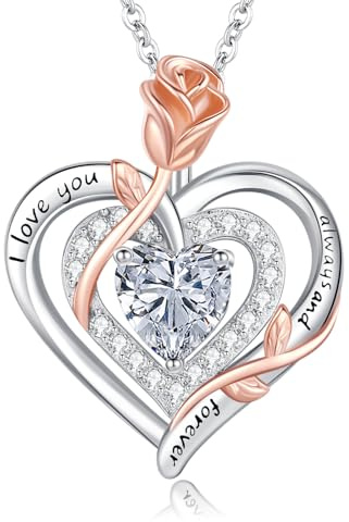 LAVUMO Halskette Damen Silber Doppel Herz Rose Schmuck Geschenke Frauen | Kette Damen Geburtsstein Halsketten Muttertag Geburtstag Valentinstag Weihnachten Hochzeitstag Geschenk für Frauen Freundin