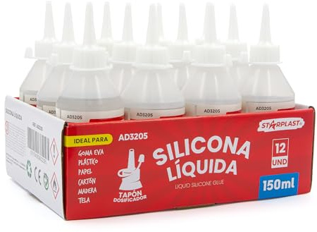 Starplast Silicona Líquida Pack 12 150ml - Transparente para goma eva, papel, cartón, cuero, tela y madera. Cierre con tapón. Ideal para manualidades, artesanía o maquetas.
