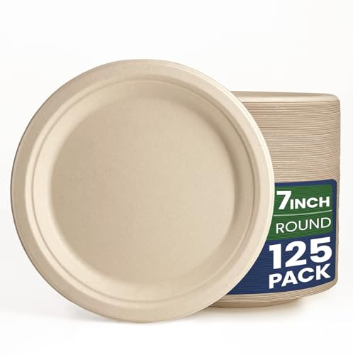 GreFusion stabilen Bagasse Unbleached Pappteller 7in Ø 17,8 cm (rund, braun) 125 Stück Party Einwegteller Zuckerrohr
