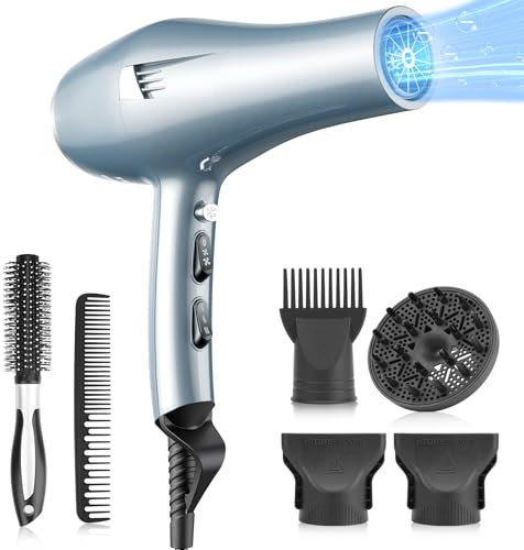 Asciugacapelli Professionale Ionico, Diffusore e Pettine Concentratore - 2 Velocità e 3 Impostazioni di Calore, Phon Capelli Ideale per Famiglia e Salone di Bellezza