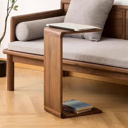 LAJUU Mesa Auxiliar En Forma De C De Madera De Fresno, Mesa Auxiliar Compacta De Madera For Sofá, Mesa De Centro Rectangular De Marco Pequeño, Escritorio For Refrigerios, Color Nogal