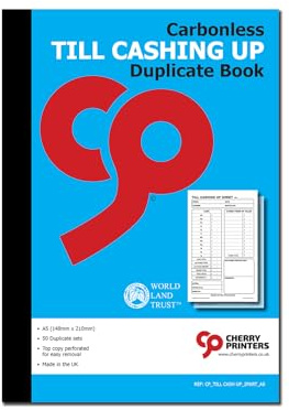 Cherry Printers | Carbonless NCR Till Cashing Up Duplicate Book | A5 Size | 50 Sets | Perforated Top Copy | Stitched & Bound | Eco-Friendly Carbon Balanced Paper