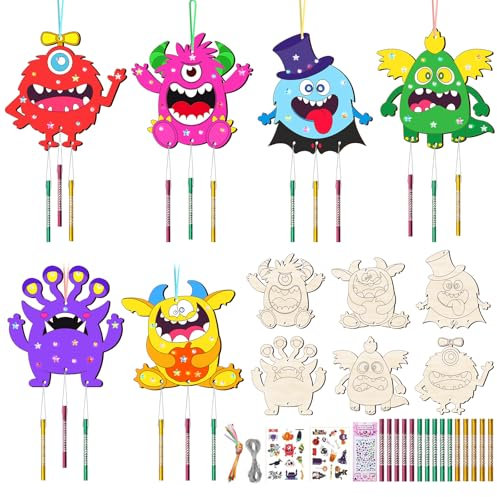 12 Stück Windspiel Bastelset Kinder Monster Bastelsets Halloween Basteln Kinder Holz Bastelhandwerk Monster Holzbastel Kreative Holz Klangspiel Basteln Bemalen für Mädchen Junge Halloweenszeit