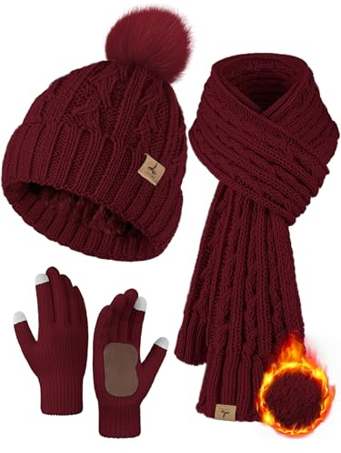 Wintermütze, Schal, Handschuhe, Set, Fleece-gefüttert, Bommelmütze, warm, gestrickt, langer Schal, Touchscreen-Handschuhe, Wintergeschenk für Damen