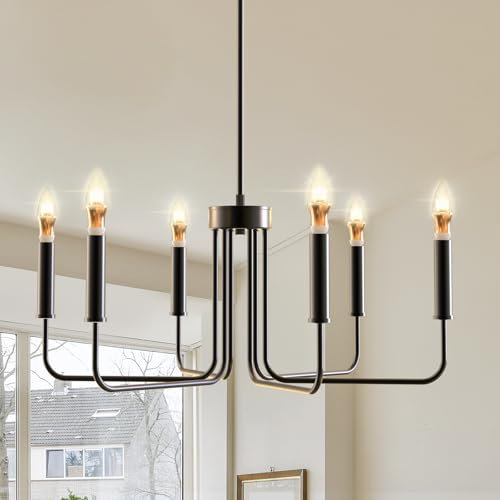 FIMEI Kronleuchter Schwarz, 6 Lichter Bauernhaus-Hängeleuchte Mit E14 Fassung, Modern Vintage Kerzenleuchter, Höhenverstellbarer Industrie-Leuchter Für Esszimmer Wohnzimmer Küche