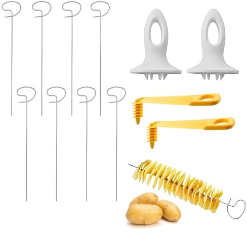 NCCHDZSW Lot de 12 coupe-pommes de terre en spirale avec 2 poignées en plastique, 2 coupe-légumes en spirale, 8 bâtonnets en acier inoxydable, pour les fêtes, les barbecues et le camping