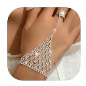 Pulsera de anillo de mano con cadena de diamantes de imitación y borla con anillo de dedo, pulsera de mano de plata blanca para mujer, joyería para novia, Metal, No es una piedra preciosa