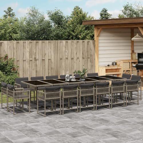 Homgoday 17-TLG. Garten-Essgruppe mit Kissen Gartenmöbel Set Balkonmöbel Sitzgruppe Stühle mit Tisch, Gartenstuhl Rattanmöbel, Terrassenmöbel Gartengarnitur Grau Poly Rattan