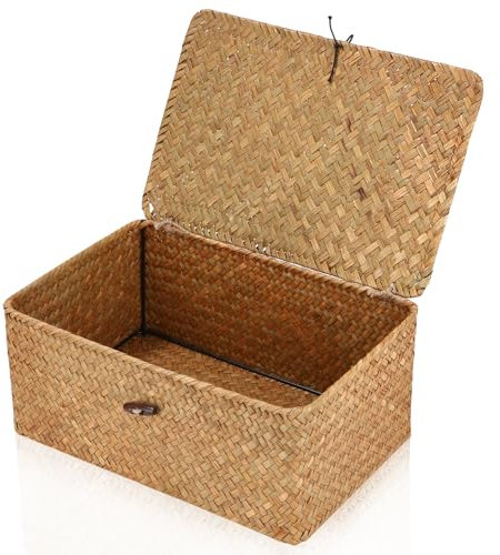 Cexovo Aufbewahrungskorb Aus Geflochtenem Rattan,Storage Basket Aufbewahrungsbox mit Deckel Seegras Wäschekörbe Handgewebt Schreibtisch Make-up-Organizer Regalkörbe für Badezimmer,Wohnzimmer,Küche