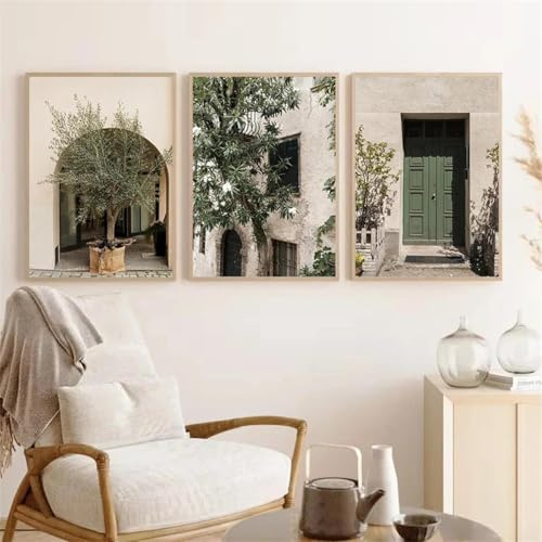 GOSRD Italien Stadt Fenster Tür Ruhige Landschaft Leinwand Malerei Grüner Olivenbaum Poster und Drucke Wandbild Schlafzimmer Dekor 19,6 x 29,5(50x75cm) x3 Kein Rahmen