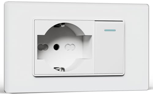 BSEED Presa Schuko e Interrutore 1 Gang 2 Vie, Prese Elettriche da Muro 10A/16A e Interruttore a Levetta, Schuko con Pannello di Vetro, Presa Bipassa 118mm Bianco