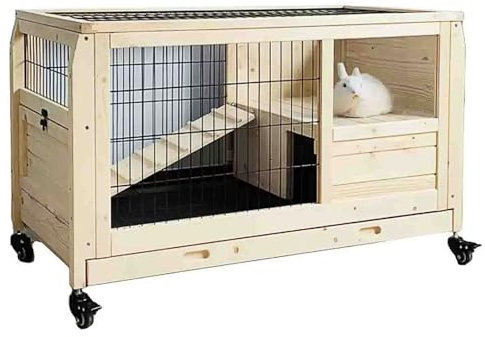 WPWSDWMX Kaninchenkäfig für Drinnen mit Ausziehbarem Tablett, Kaninchenhaus aus Holz auf Rädern mit Treppe und Plattform, Haustierhaus für Kaninchen und Meerschweinchen