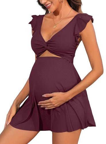 Charmo Plus Size Maternity Swimsuit Dress Ruffle Cutout Maternity Bathing Suits for Women Ribbed Pregnancy Swimwear Dark Red 2XL