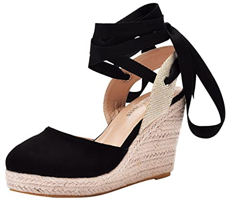 Donna Con Zeppa Sandali, Scarpe Estive a Punta Elegante Con Fibbie E Cinturini Espadrillas Estivi Chiuse Ciabatte Plateau Basso Suola Interna Imbottita In Tessuto Donna Casual Sandali Estive Lacci