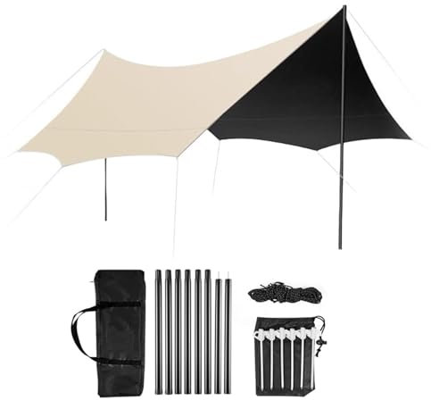 Butterfly Shelter Camping Tarp with Poles, Lightweight Waterproof Outdoor Rain Shelter Canopy Sunshade Tarpaulin Mat for Snow Beach Travel Picnic (3 x 3m)