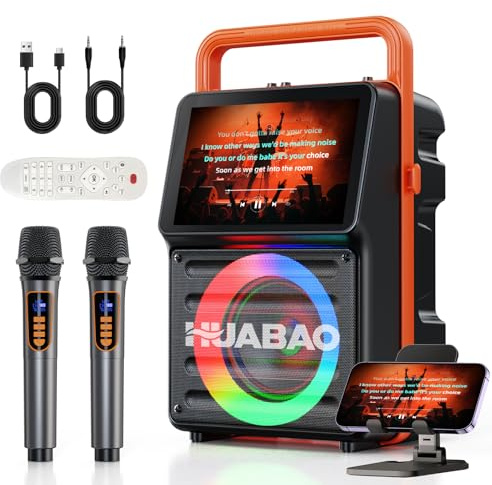 Karaoke Machine with 10.1” Built-in Screen, Bluetooth Speaker with Lyrics Display, Wireless Screen Mirroring for iOS & Android, PA System with Lights, 2 Rechargeable Mics, 5400mAh, Perfect for Parties
