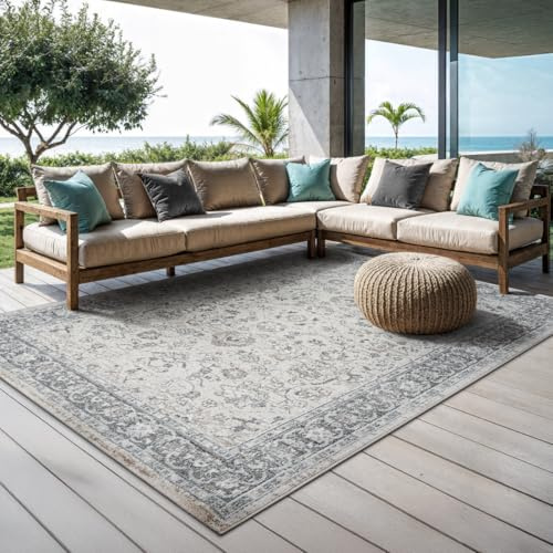 the carpet Palma - Outdoor Teppich wetterfest – Balkon Teppich, Terrasse & Garten – UV-beständig, pflegeleicht, Indoor Outdoor Teppich, Mehrfarbig, Beige Grau, 160 x 230 cm