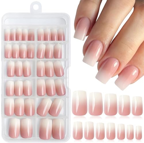 LunarCharm 144 piezas de uñas postizas cuadradas ombre medianas, uñas acrílicas falsas para mujeres, uñas artificiales