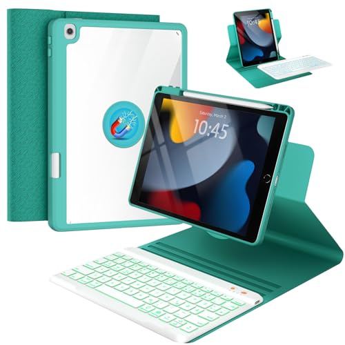 OYEEICE Funda con teclado para iPad 9/8/7 generación de 10,2 pulgadas, teclas anticaída ampliadas, teclado para iPad Air 3 Generation/Pro de 10,5 (verde azulado, giratorio 360° y extraíble)