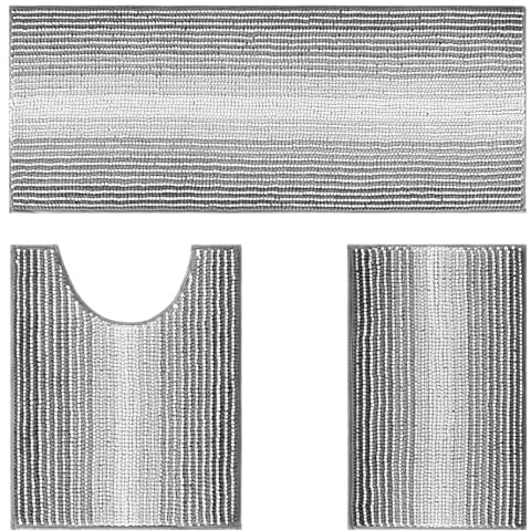 Venuso Ensemble Tapis Salle de Bain 3 Pièces, Tapis de Bain Chenille Absorbants et Tapis WC Contour, Antidérapants et Lavables en Machine (40 x 60 cm + 50 x 120 cm + U 50 x 60 cm, Blanc Gris)