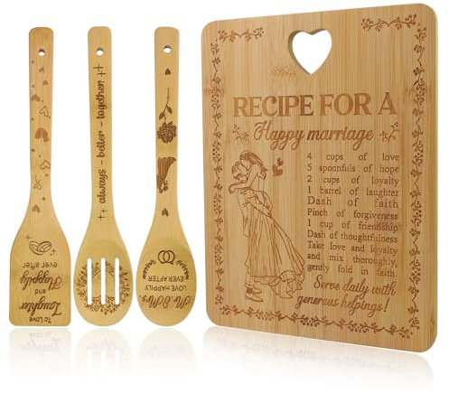 Tagliere in bambù per matrimonio, 28 x 21,5 cm, con incisione e 3 utensili da cucina (cucchiaio, cucchiaio caverna, spatola), set da cucina naturale con ricetta d'amore per gli sposi