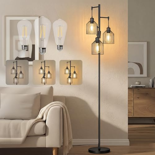 VASAGLE Floor Lamps for Living Room, 176cm Standing Lamp with Metal Shades, Industrial Floor Lamp with 3 Bulbs, Adjustable Brightness, 3 E27 Sockets, Ink Black LFL013BD03