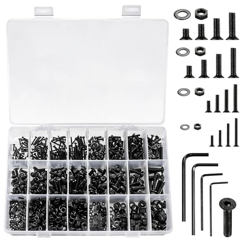Euablfo 1710 Stück Senkkopfschrauben Muttern Set, M2 M3 M4 M5 Schrauben Set, Flachkopfschrauben Schwarz, Maschinenschrauben Sortiment mit Muttern und Unterlegscheiben