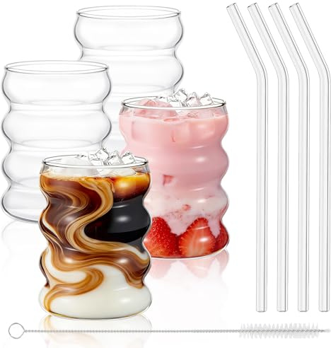 OUZHOU Bubble Gläser Trinkgläser Set mit Glas Strohhalm, 4er Latte Macchiato Gläser Kaffeegläser Eiskaffee Gläser Geriffelt, Gewellter Matcha Gläser Longdrinkgläser Set für Kaffee Cocktail Bubble Tea