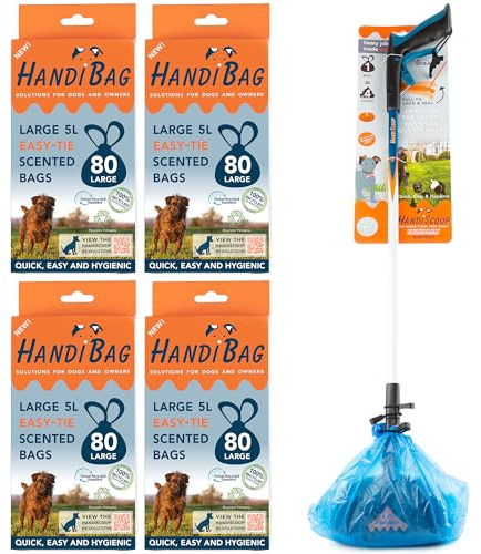 HandiScoop Easy Reach Hundekotschaufel mit langem Griff und einfach zu bedienendem Auslöser, 85 cm, große tragbare Hundekotschaufel (Einheit + 4 Beutel)