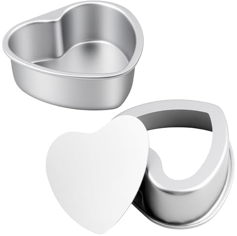 FUNSUEI 2 Pack 6inch Heart Cake Tins with Loose Base, 2 inch Deep | Non Stick Cake Mold, Aluminium Alloy, Silver