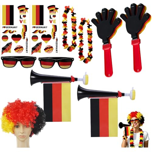 11 Stück Deutschland Fußball Fanartikel Set, Wm 2026 Fanartikel, Fanartikel Seutschland, Wm Fanartikel Deutschland Set mit Perücke, 2 Brille, 2 Girlanden, 2 Aufkleber, 2 Klatschhand und 2 Tröte