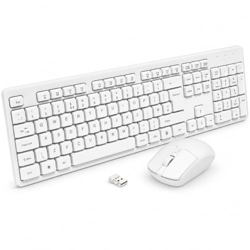JUSTOP White Wireless Keyboard And Mouse Set, Full UK Layout, 2.4GHz Nano USB Receiver, for Desktop Computer/PC/Laptop, White