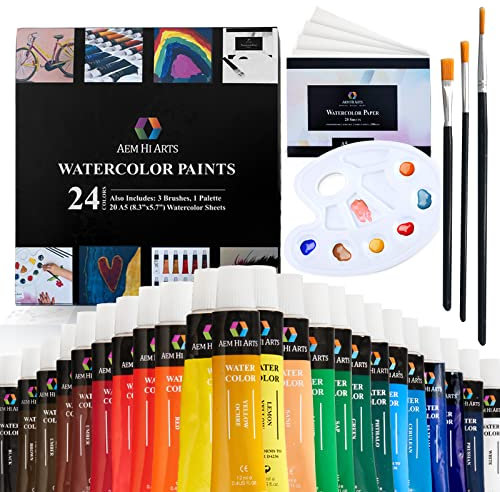 AEM Ensemble de peinture aquarelle – Kit de fournitures d'art 24 tubes de peinture à l'eau, jeu de pinceaux, papier et palette/casserole pour aquarelles