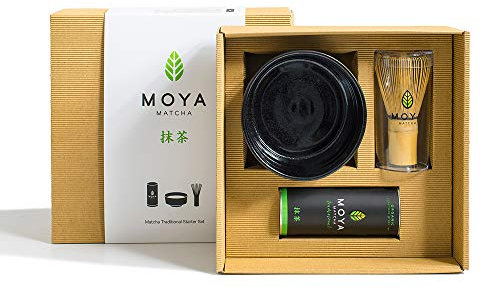 Organic Moya Matcha Green Tea Set | 30g Traditional Grade (II) Pack + Black Bowl + Whisk | Traditional Grade Gift Powder Green Preparation Starter Basic Kit